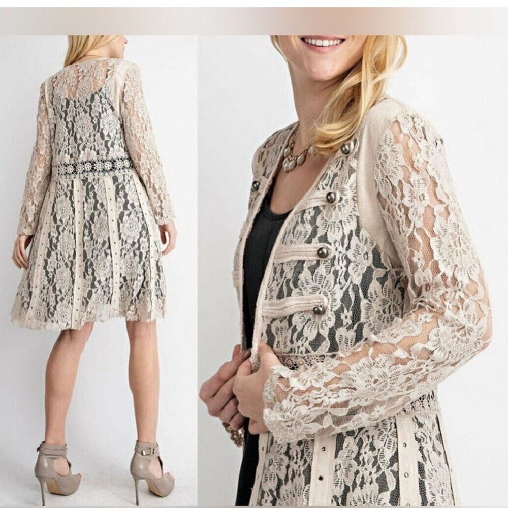 Vocal Cream Lace Cardigan Studded with Suede Accents Military Inspired Size - Picture 2 of 10